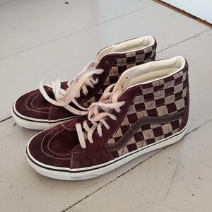 Vans Checkered High-Top Sneakers - Maroon and Cream